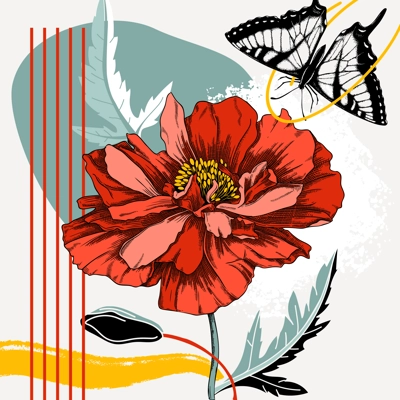 Collage style poppy vector illustration. Hand-sketched spring flower and butterfly. Trendy design with floral, geometric shapes, abstract elements. Perfect for print, poster, card, wall art, cards